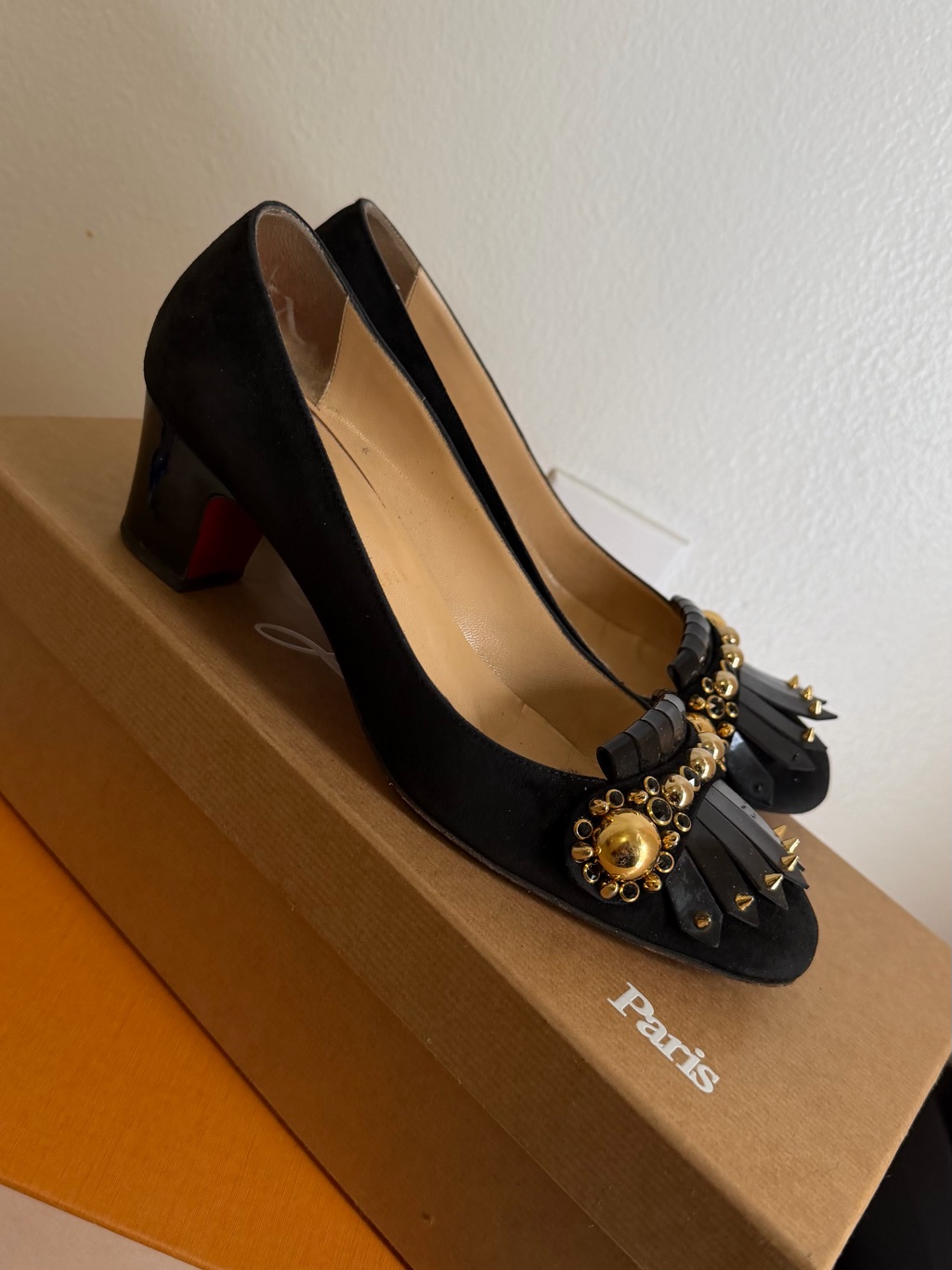Christian Louboutin Black Suede Block Heel Pumps With Gold Stud Accents